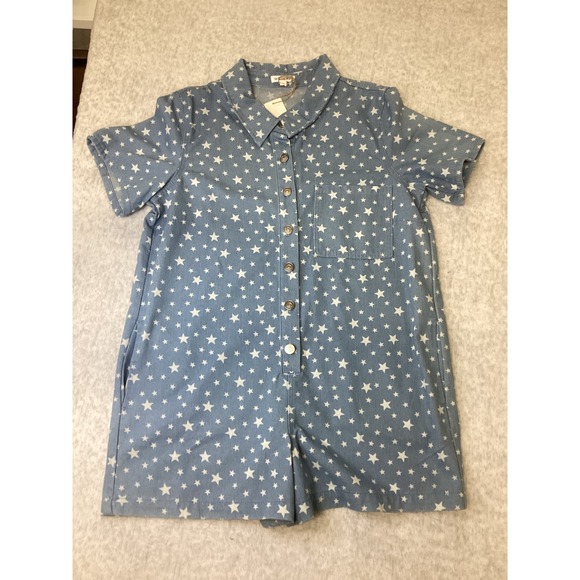 Wishlist Pants - Wishlist Star Print Short Sleeve Button Front Romper Denim Blue Small WL24-9852